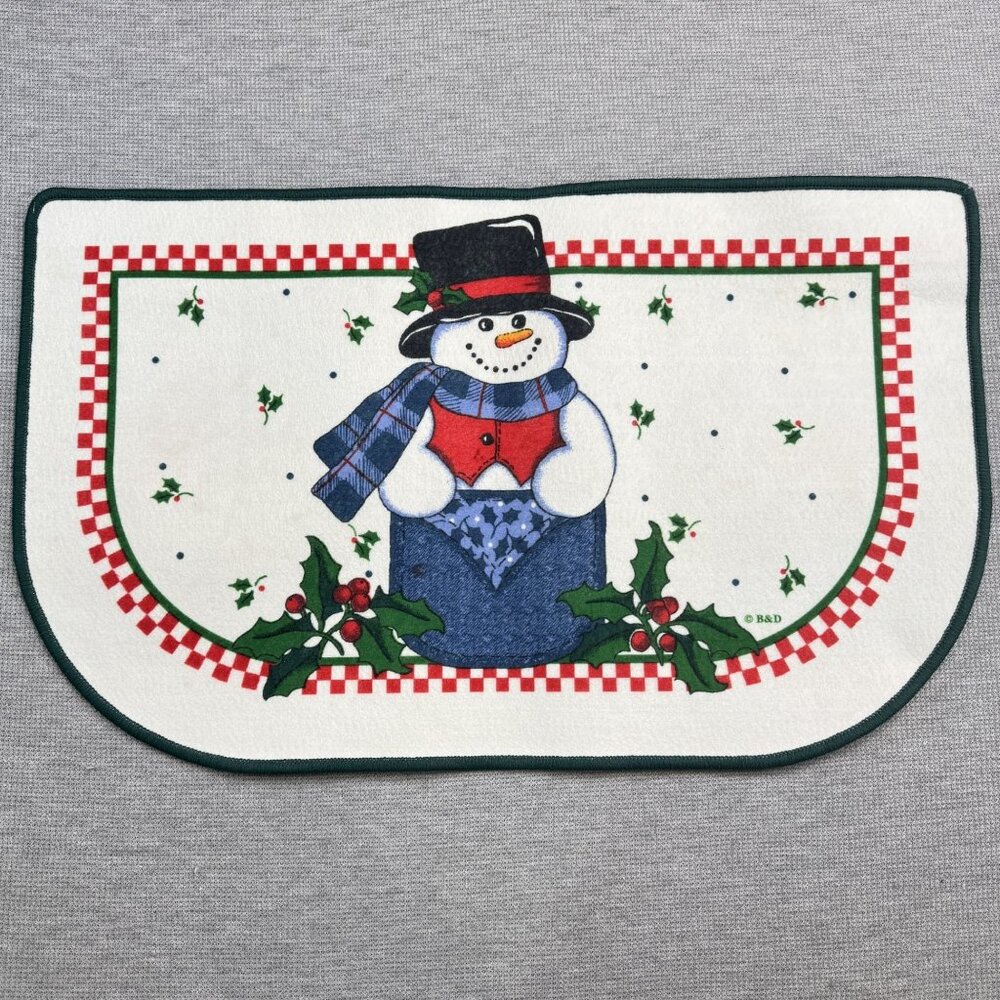 Snowman Holly Half-Round Rug 30"x18" Rubber Back Christmas Welcome Mat by B&D